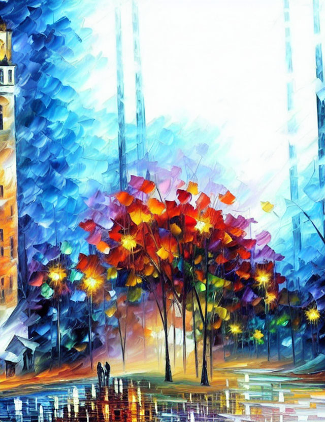 Colorful urban scene with illuminated lampposts and silhouetted figures