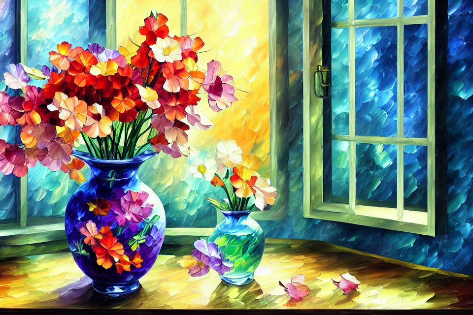 Colorful Flowers in Vases on Wooden Table by Window with Blue Curtains