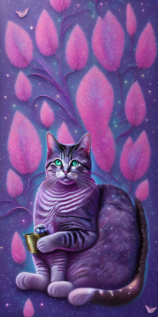 Purple-Striped Cat with Golden Cup Surrounded by Pink Leaves and Butterflies