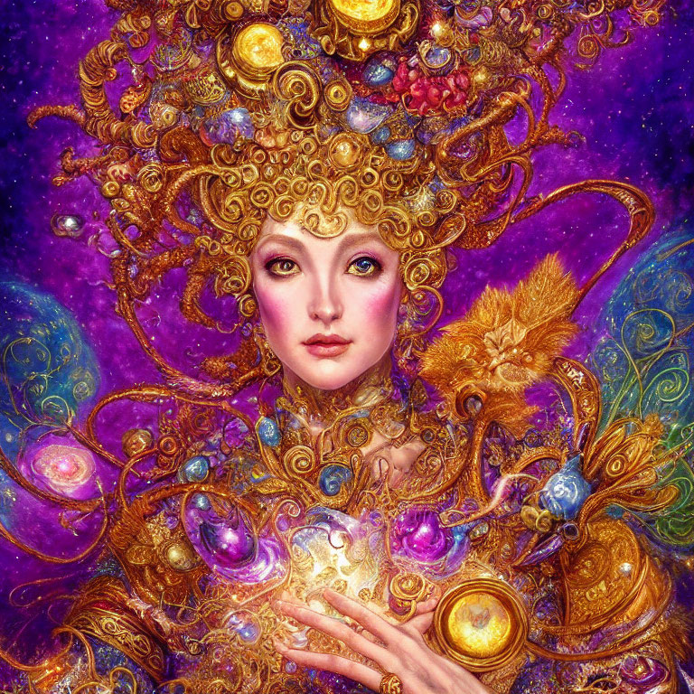 Colorful portrait of woman with golden headdress in cosmic setting