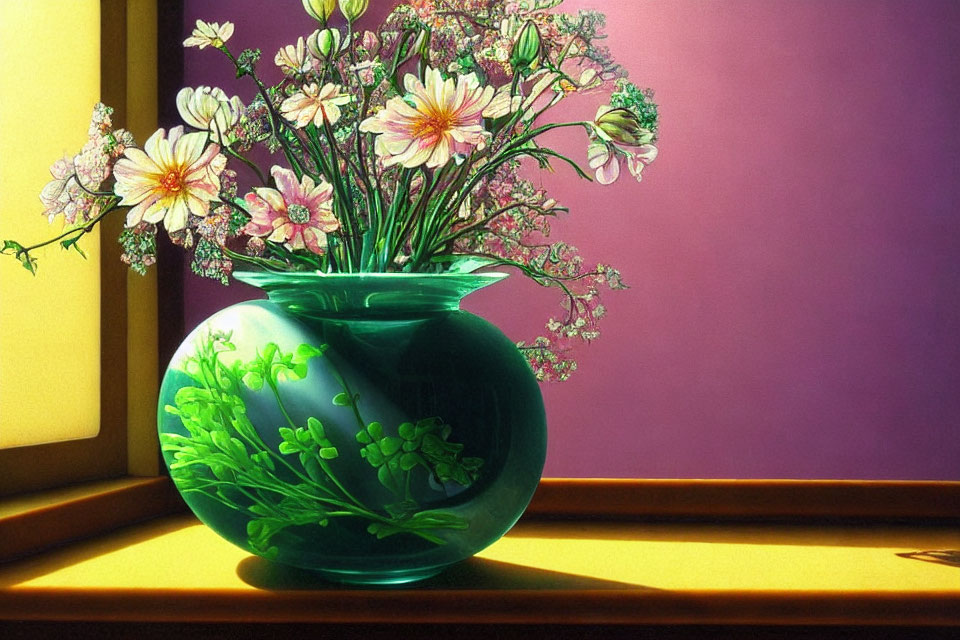 Pink and White Flower Bouquet in Green Vase Beside Purple Wall