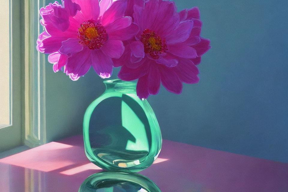 Vibrant pink flowers in green glass vase on table with sunlight reflection