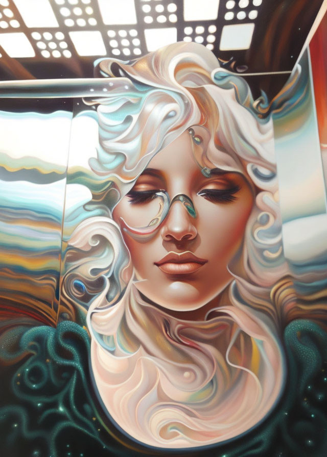 Stylized portrait of a woman with flowing hair against geometric backdrop