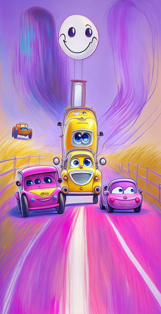 Expressive animated cars on vibrant road with smiling balloon