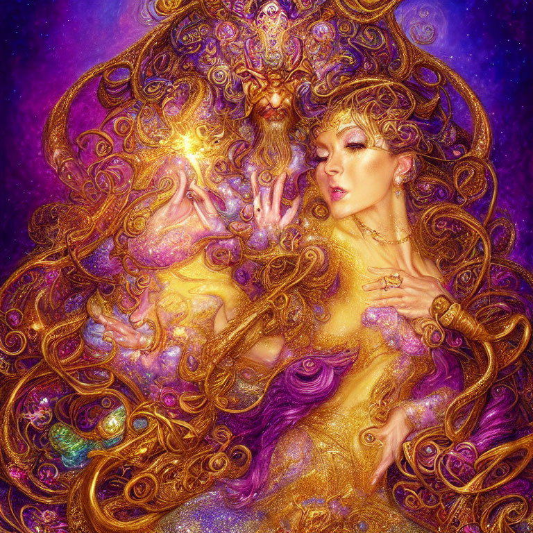 Ornate golden woman in swirling patterns on cosmic purple backdrop