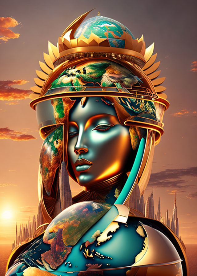 Digital artwork: Female figure with world map, city skyline crown, sunset backdrop
