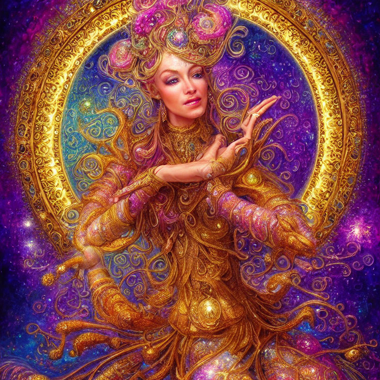 Golden-clad figure with ornate headgear and radiant halo in cosmic setting