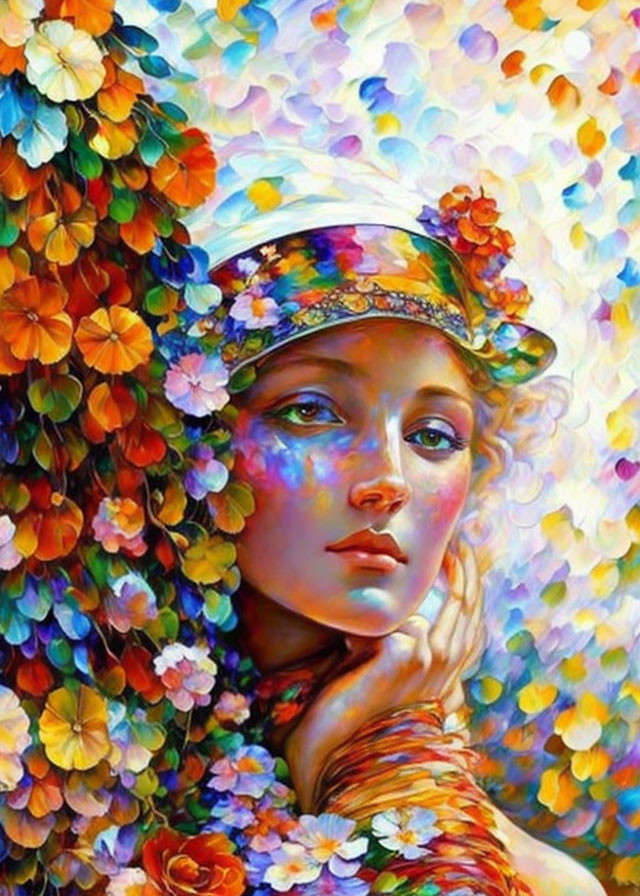 Vibrant portrait of a woman with floral hat and blue eyes