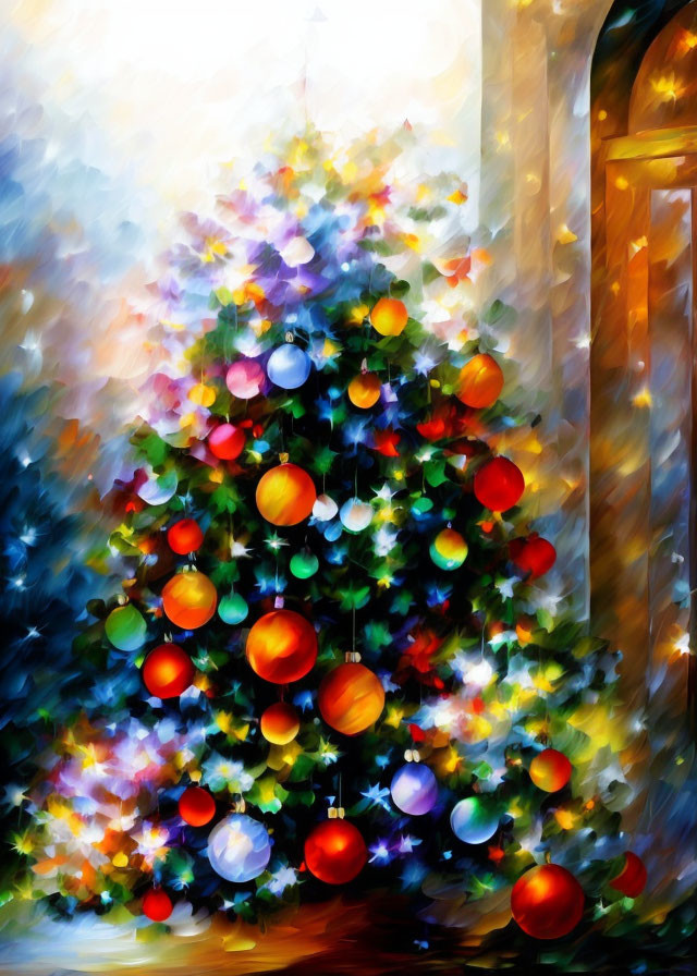 Colorful Christmas Tree Painting Beside Arched Doorway