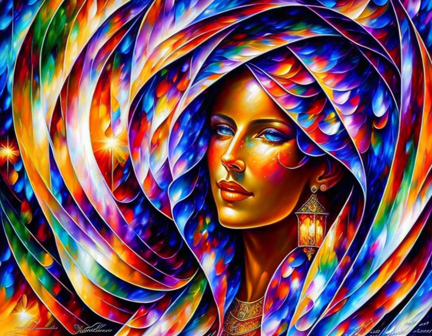 Colorful Psychedelic Woman's Face Artwork in Blue, Orange, and Yellow