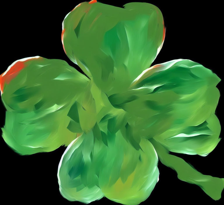 Green four-leaf clover digital painting on black background with yellow and red accents