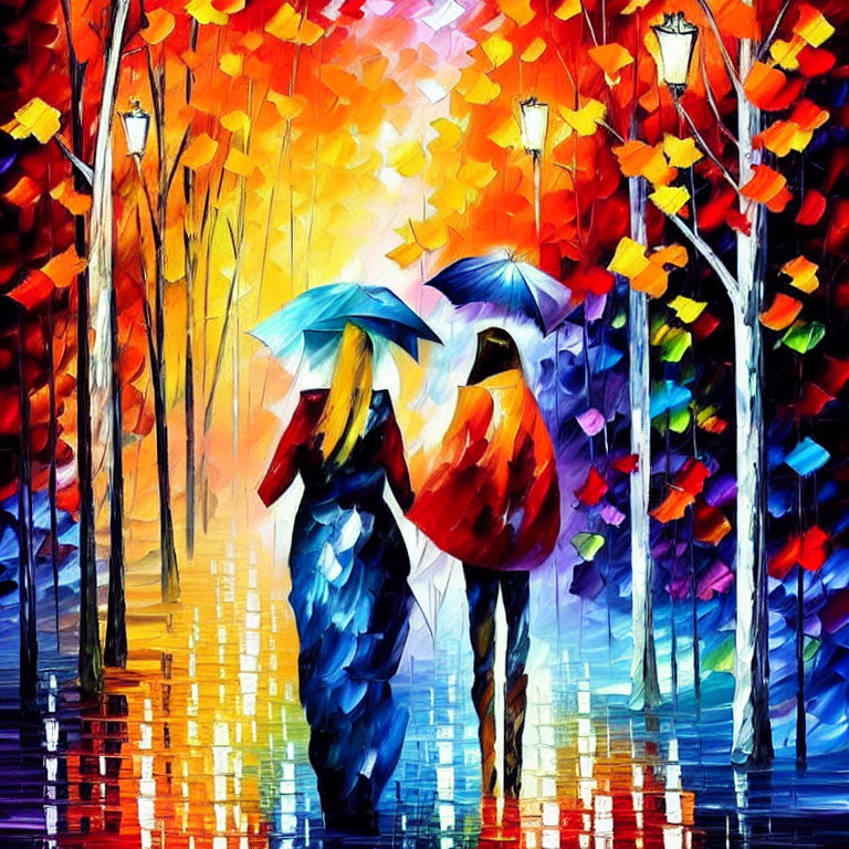 Vibrant autumn path with two people and umbrellas