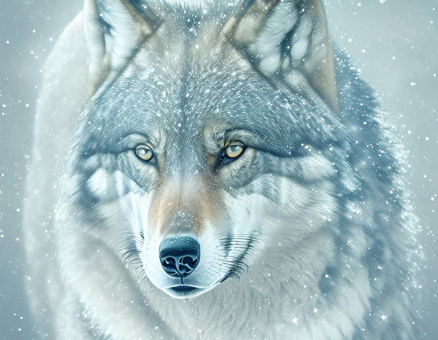 Close-Up Wolf Portrait in Falling Snowflakes