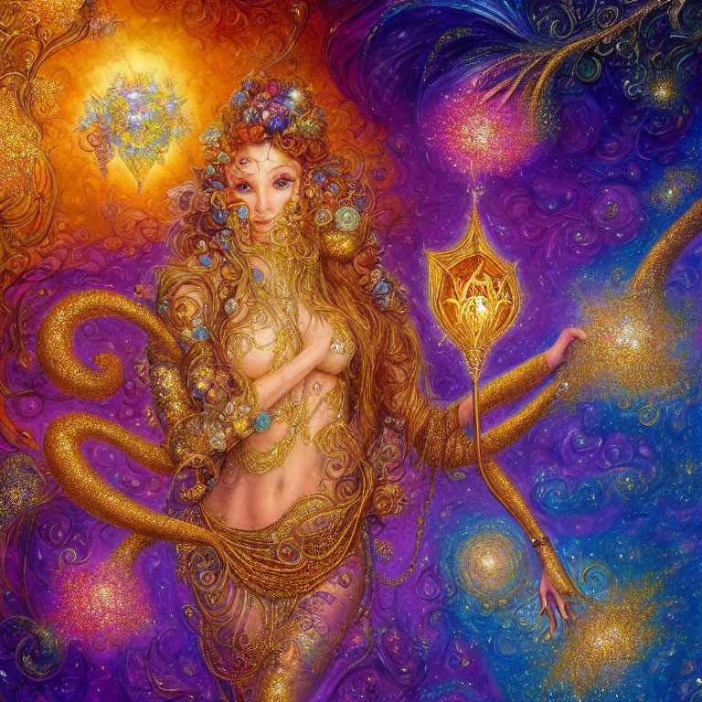 Fantasy image of a woman with gold jewelry in cosmic setting