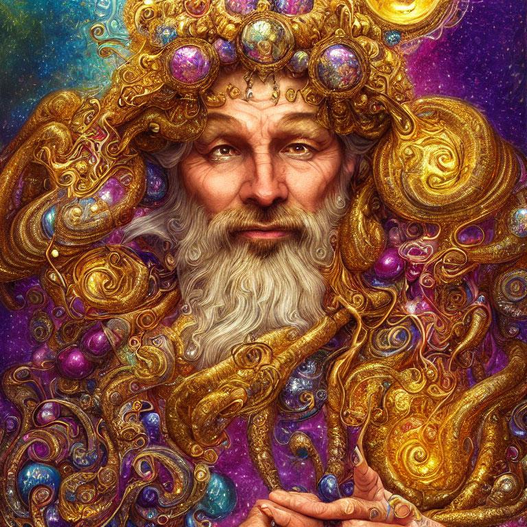 Regal elder man in golden attire with purple gems on cosmic backdrop