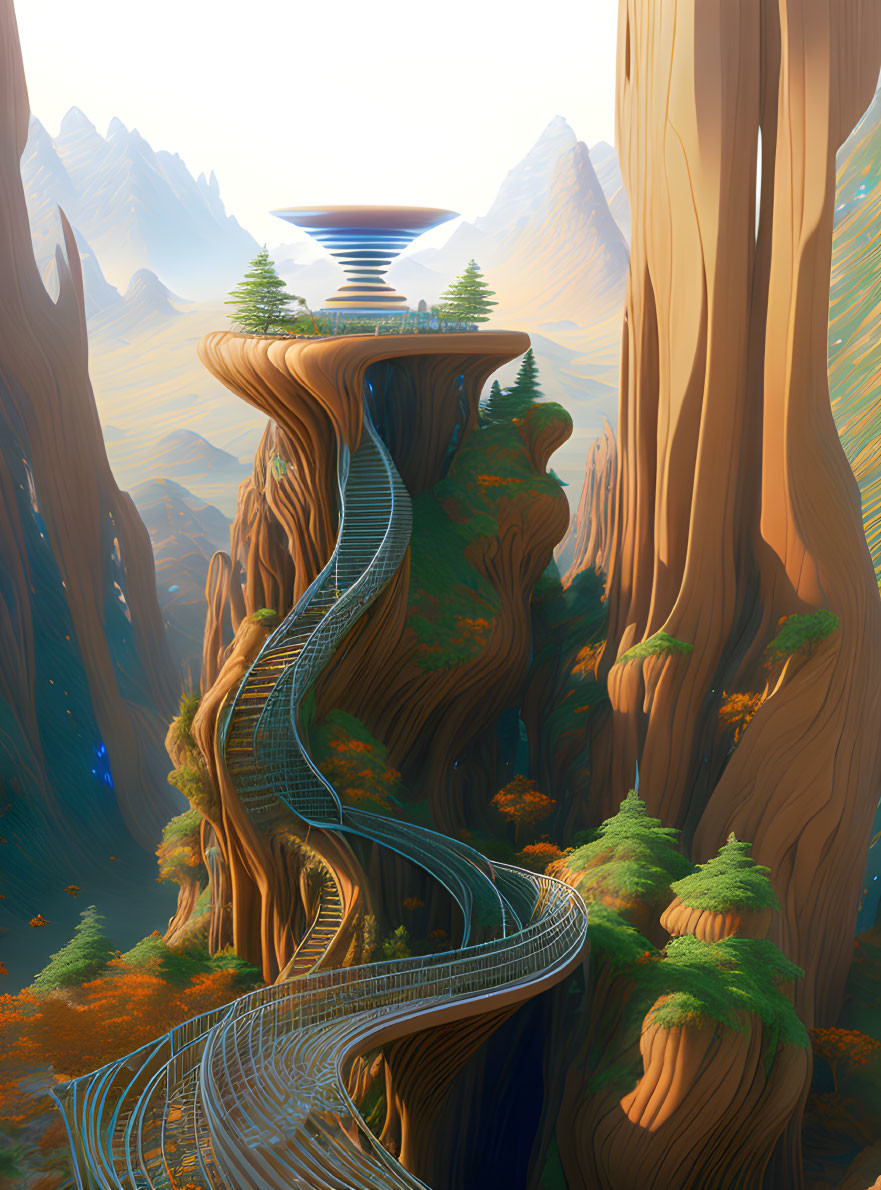 Twisting road through fantastical forest to futuristic structure