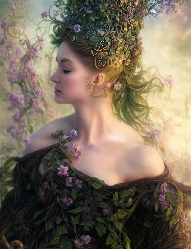 Woman with Nature-Inspired Headdress and Flowers Pose Among Ethereal Blooms