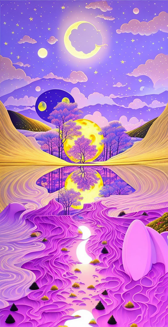 Fantasy landscape with purple tones, flowing river, whimsical trees, starry night sky