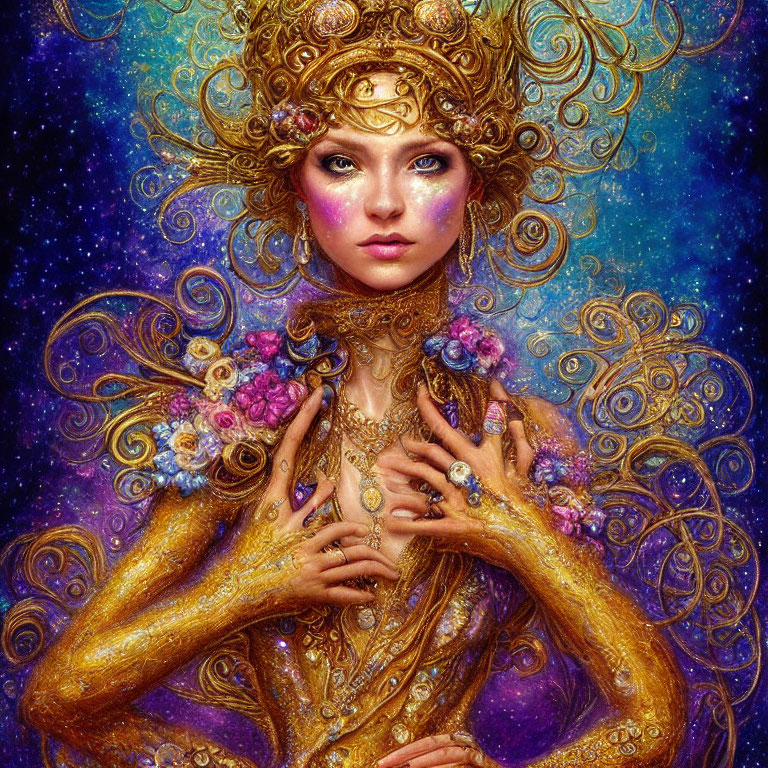 Fantastical image: Woman with golden jewelry and flowers in cosmic setting