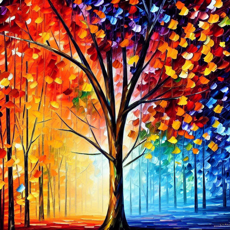 Colorful Autumn Forest Painting with Vibrant Hues and Thick Brushstrokes