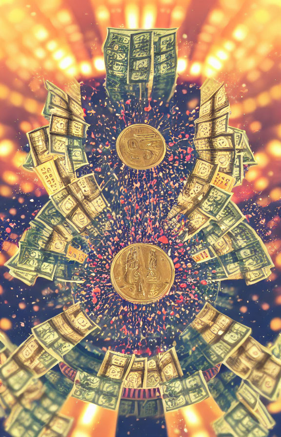 Shiny gold coin surrounded by swirling dollar bills on radiant background