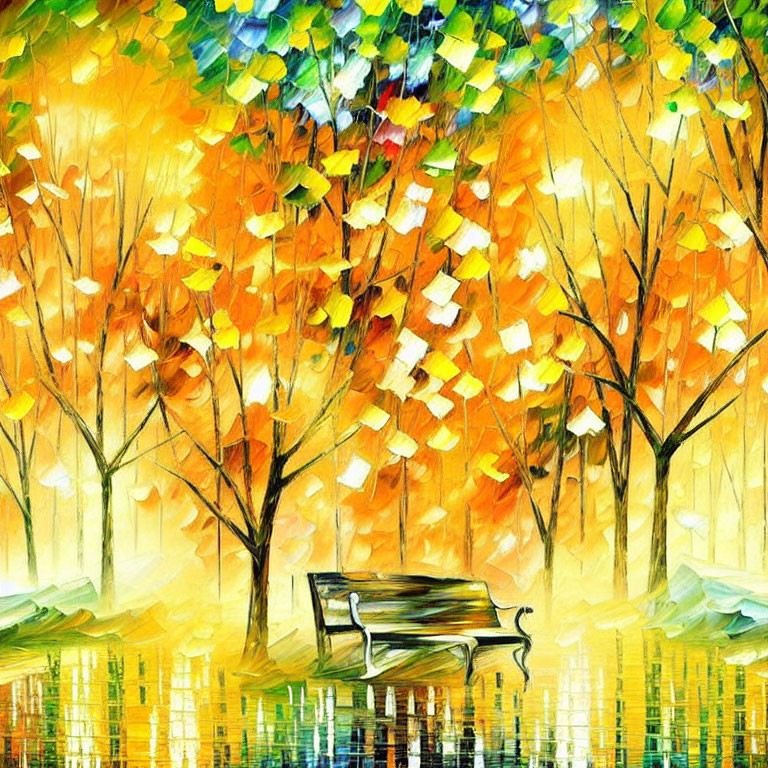 Colorful autumn park painting with solitary bench and mosaic ground