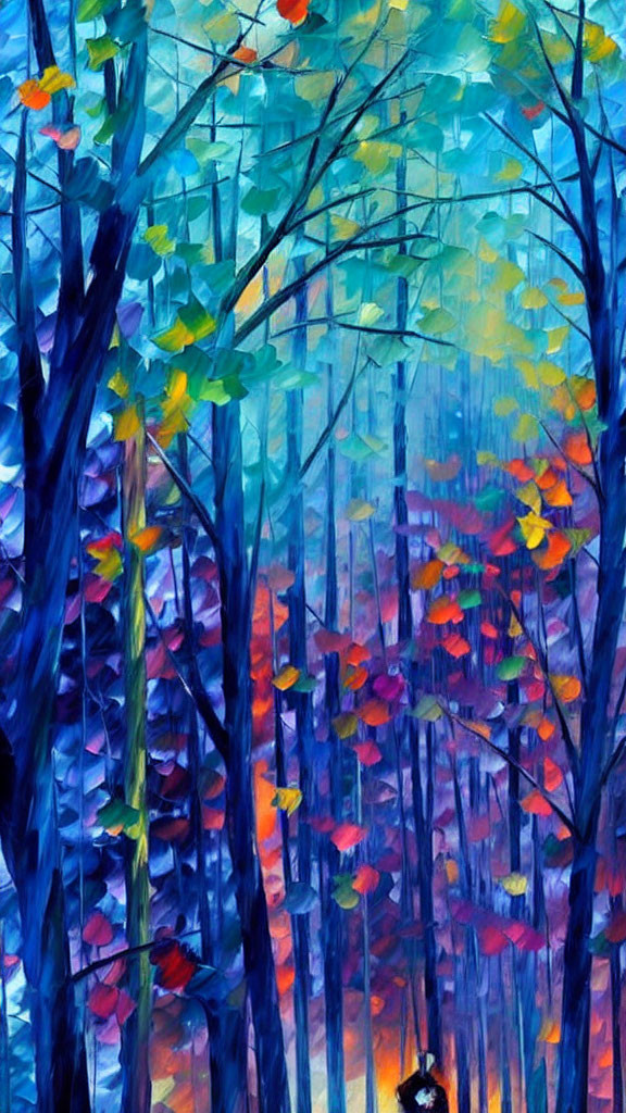 Impressionist-style forest painting with blue trunks and colorful autumn leaves