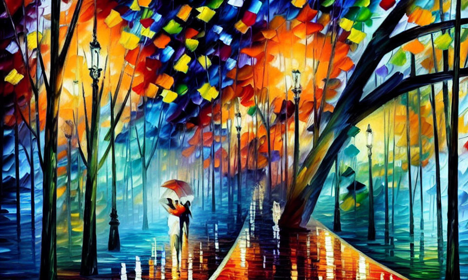 Vibrant impressionistic painting of rainy street scene with colorful umbrellas and couple under red one,