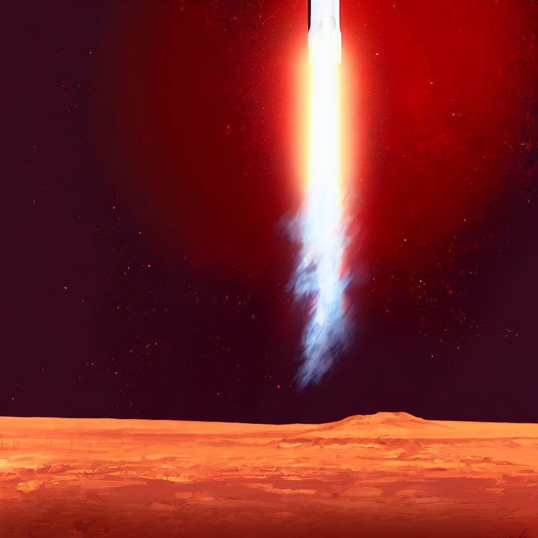 Rocket launching from Mars-like planet with smoke and flames in red sky