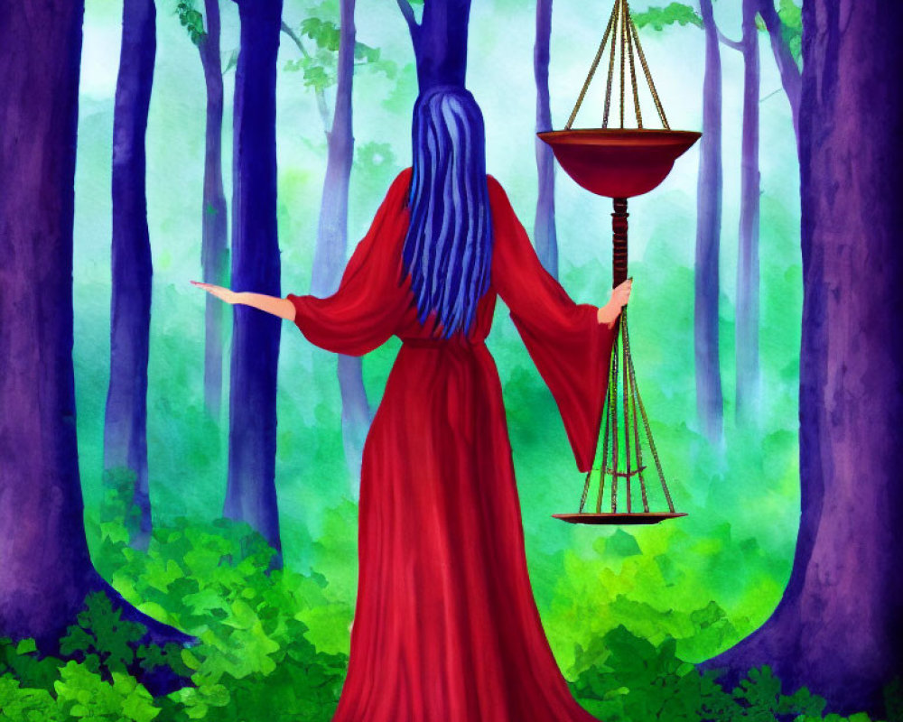 Person in red cloak with blue hair holding golden scale in forest
