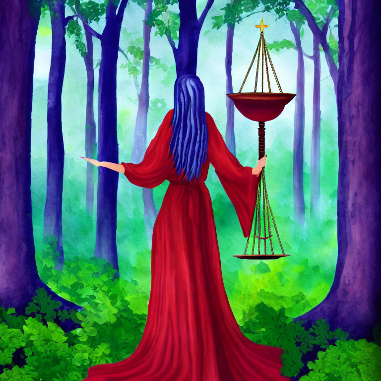 Person in red cloak with blue hair holding golden scale in forest