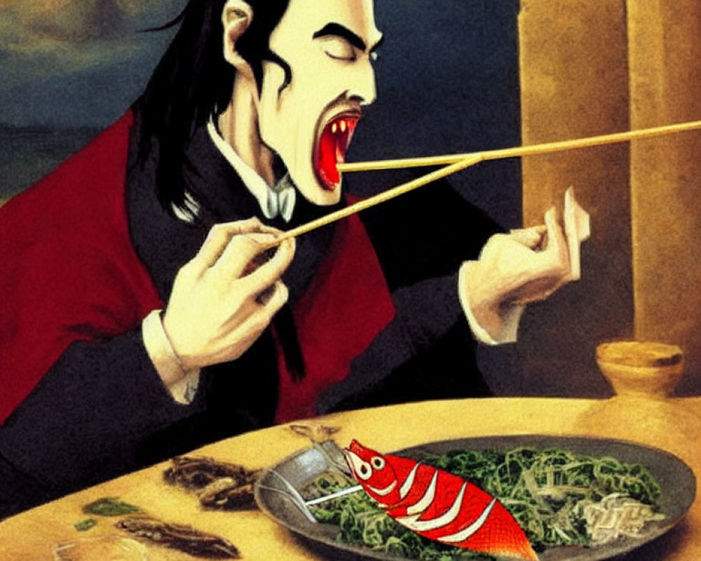 Exaggerated vampire caricature with fangs eating fish and noodles