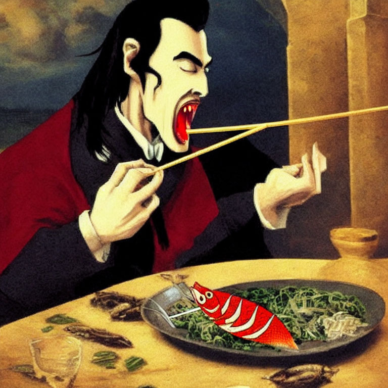 Exaggerated vampire caricature with fangs eating fish and noodles