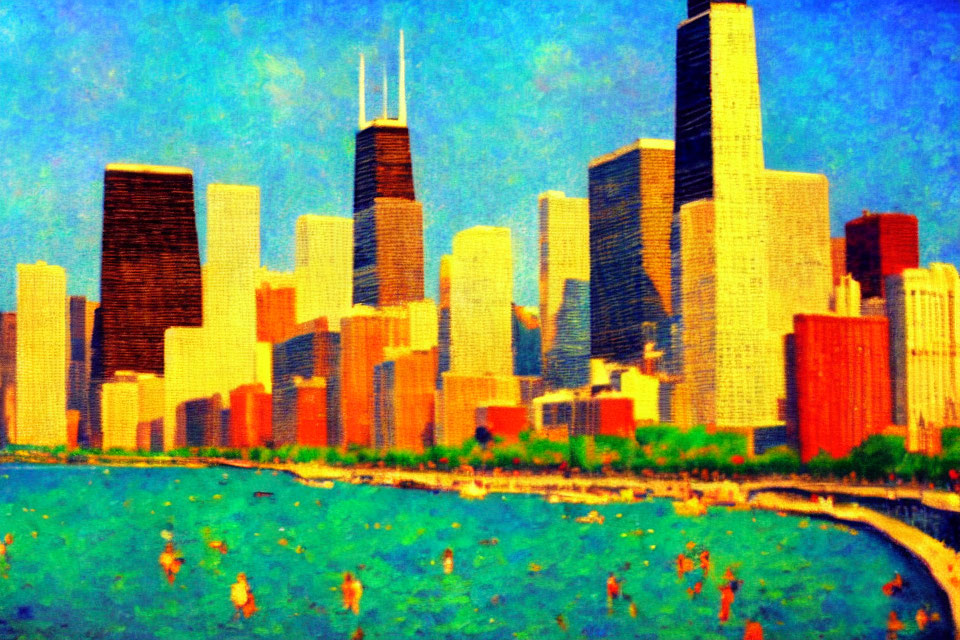 Impressionistic city skyline painting with tall buildings and blue sky