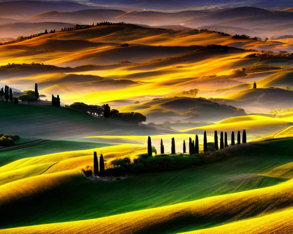 Scenic view of rolling hills and cypress trees under golden sunlight