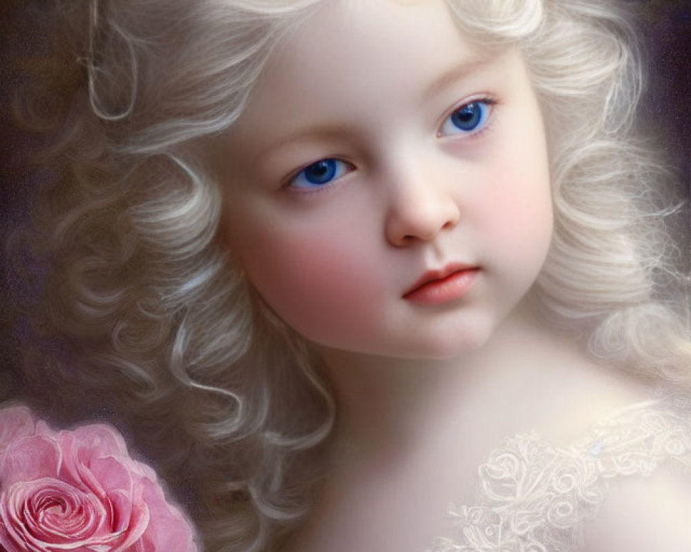 Young child with curly blond hair and blue eyes in white lace dress with pink rose.