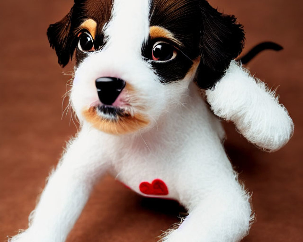 Floppy Eared Plush Toy Dog with Heart Detail on Brown Background