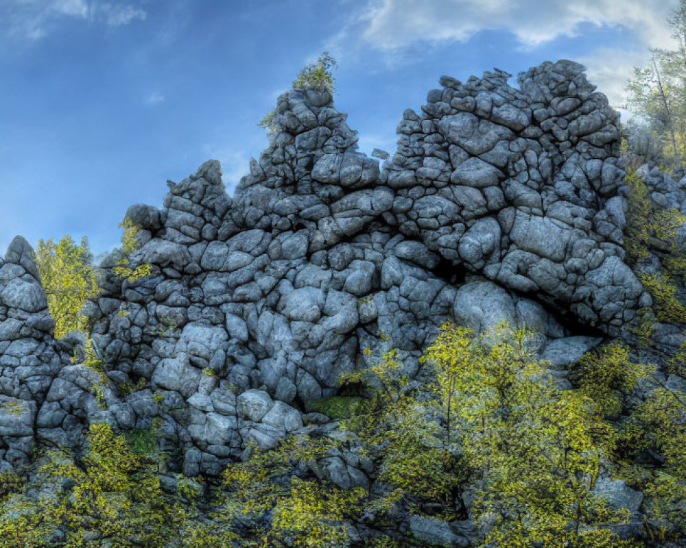 Rugged Rocky Outcrop Surrounded by Lush Green Foliage