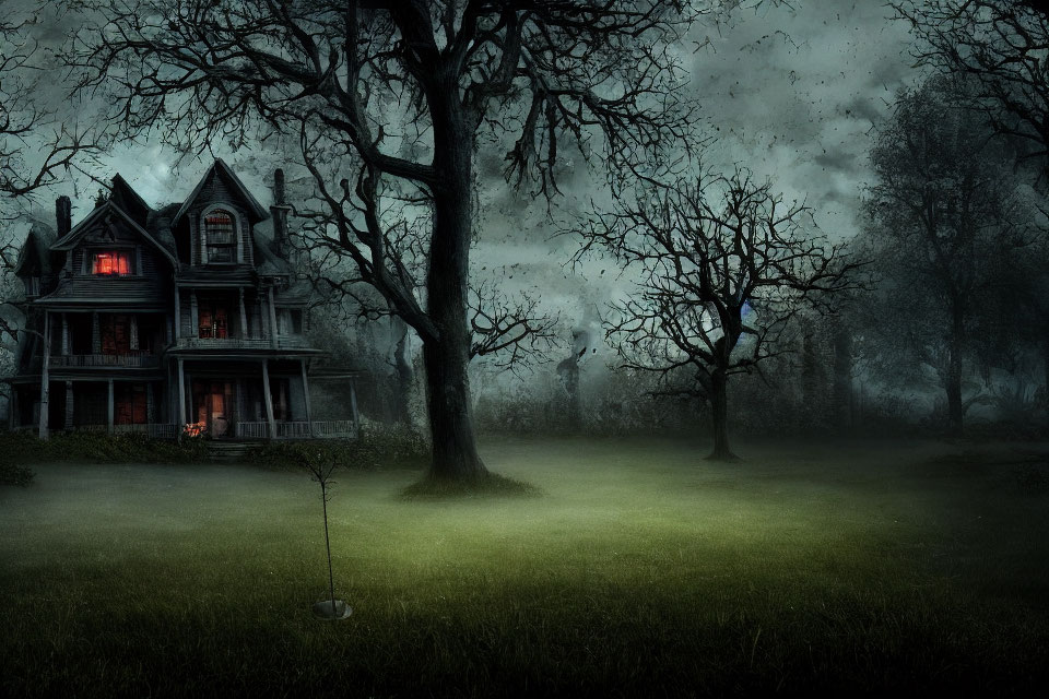 Spooky old mansion with bare trees, fog, crows in dim twilight