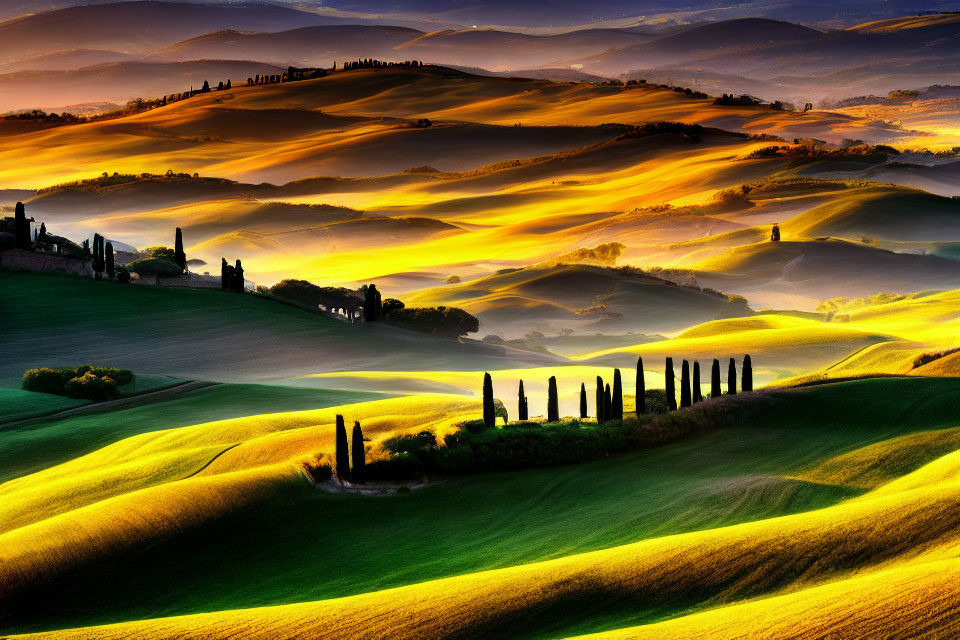 Scenic view of rolling hills and cypress trees under golden sunlight