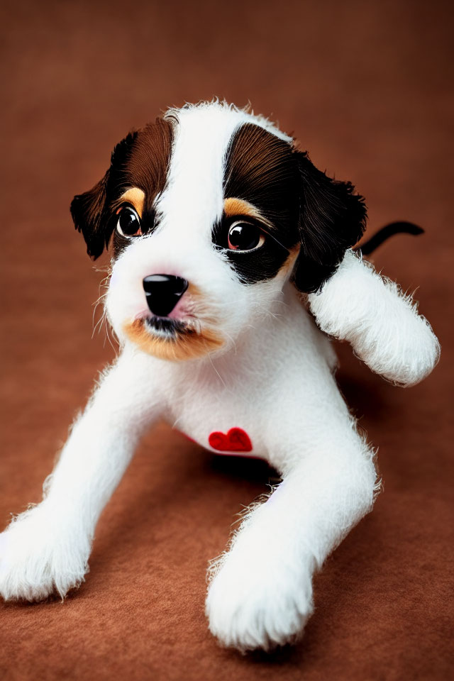 Floppy Eared Plush Toy Dog with Heart Detail on Brown Background