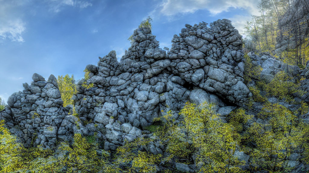 Rugged Rocky Outcrop Surrounded by Lush Green Foliage