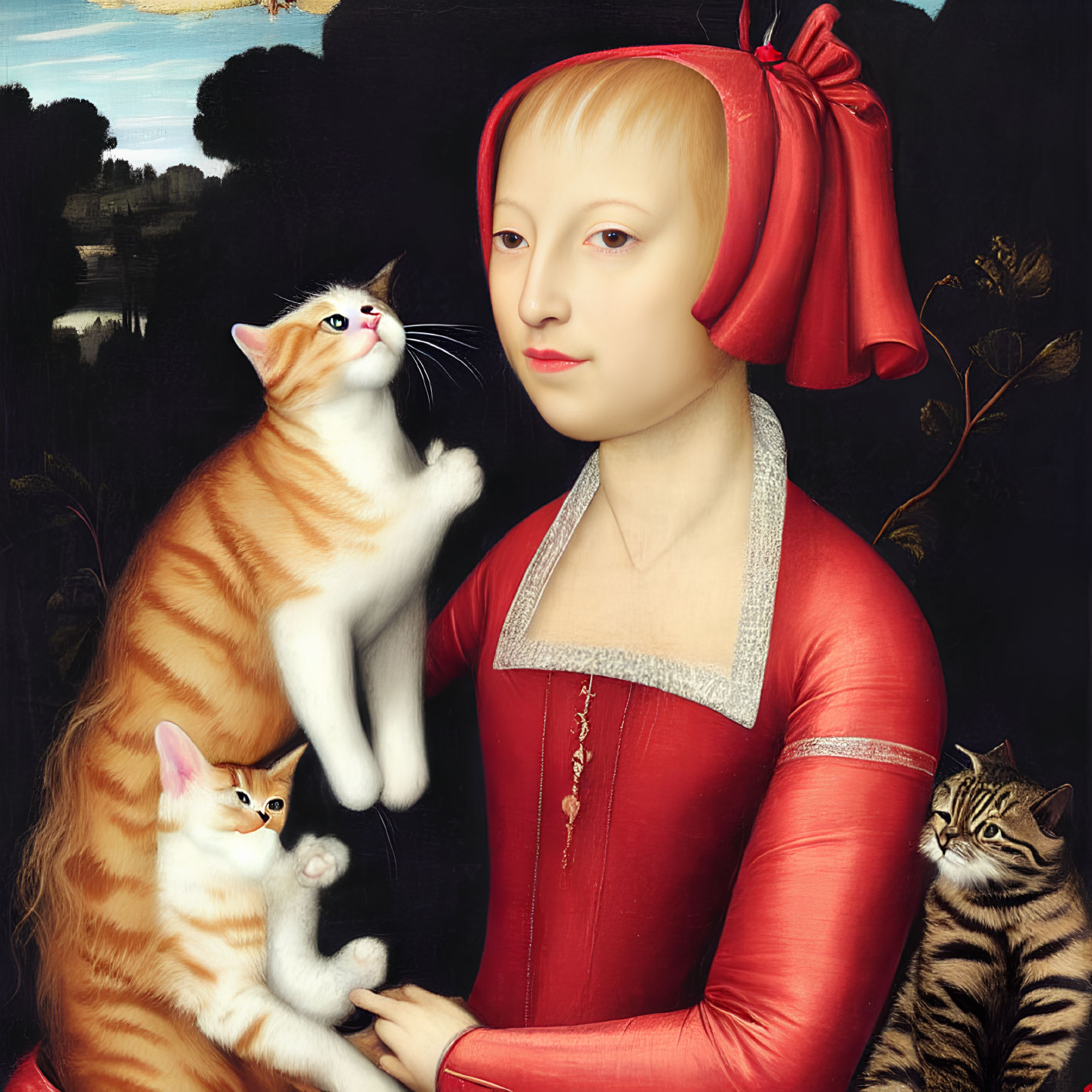 Renaissance woman portrait with red headwrap and playful cats in pastoral setting