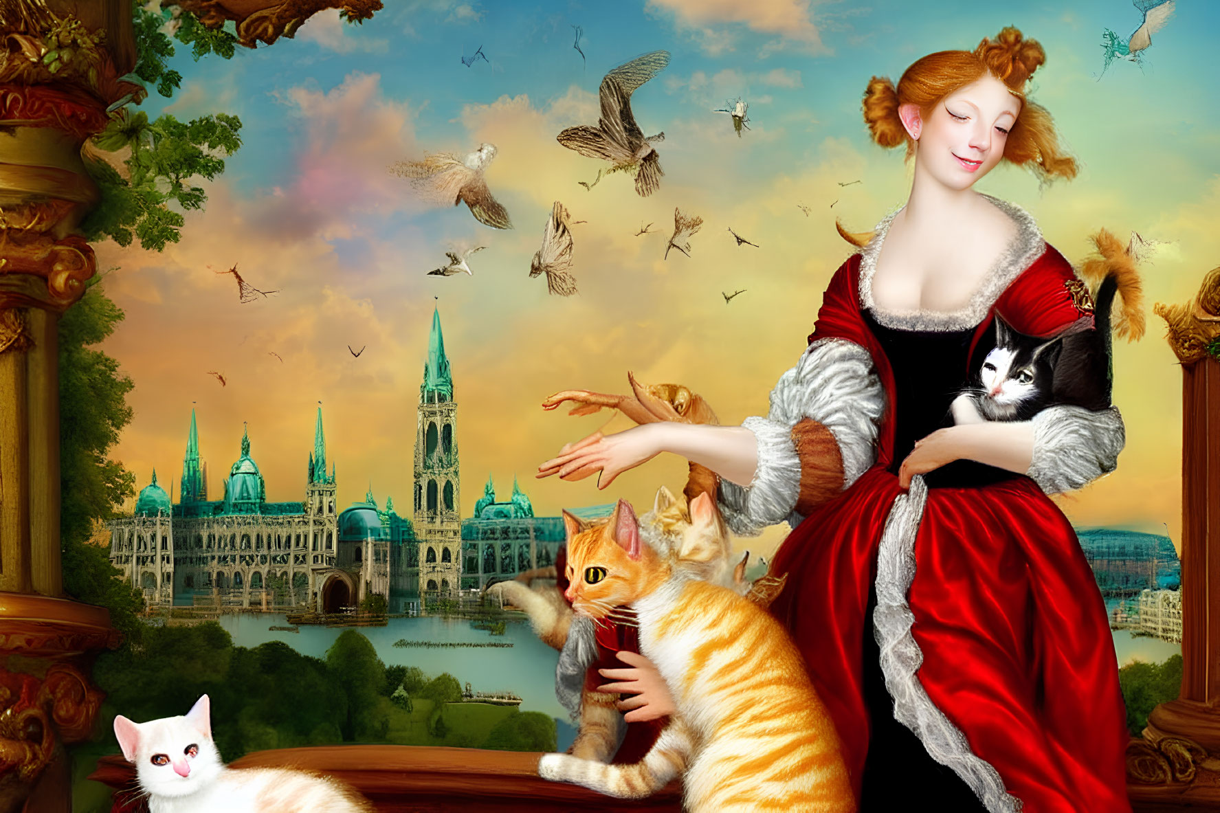 Baroque-style painting of a woman with cats in fantastical cityscape