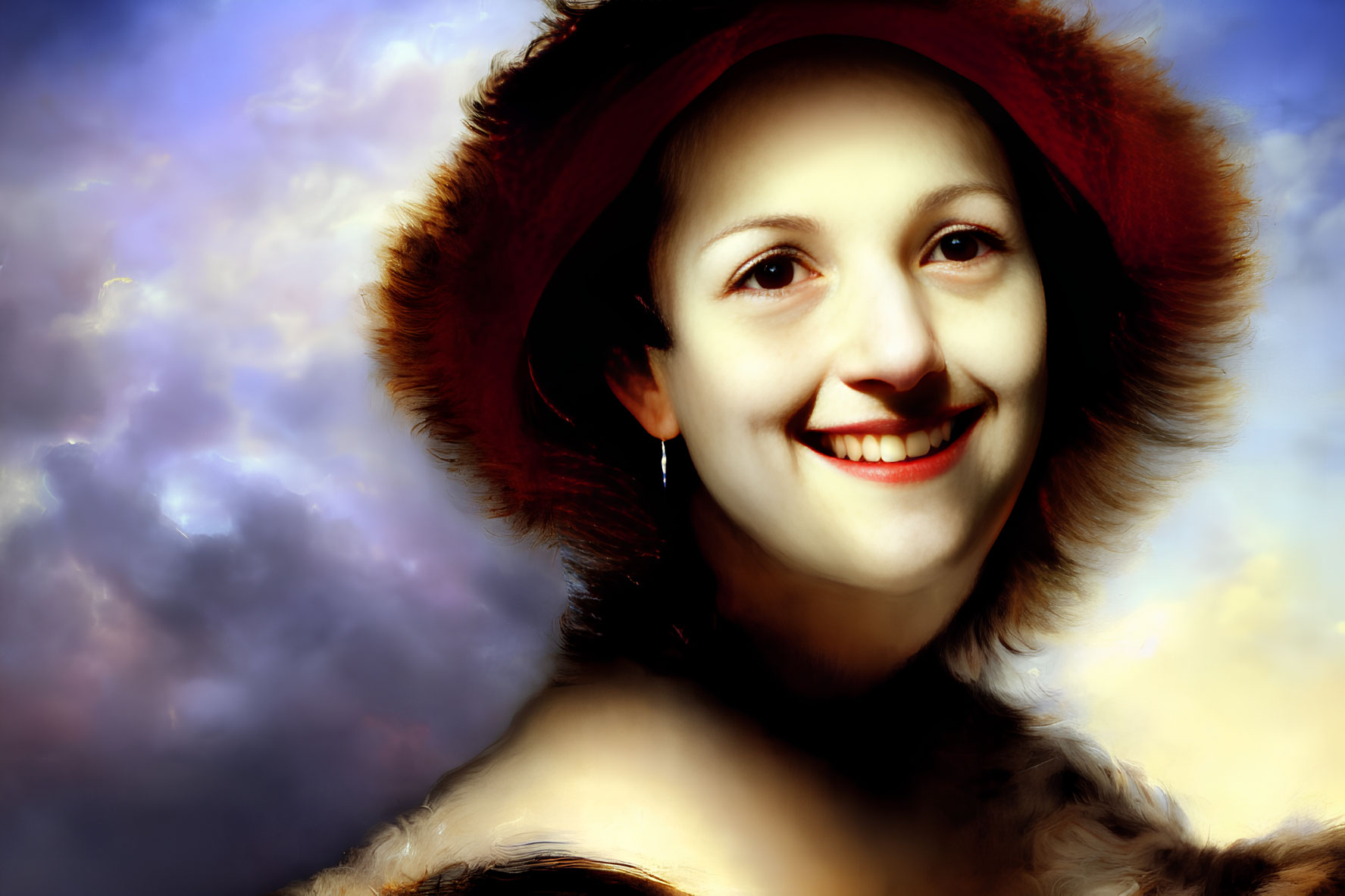 Smiling woman in red hat and fur coat against soft cloud backdrop