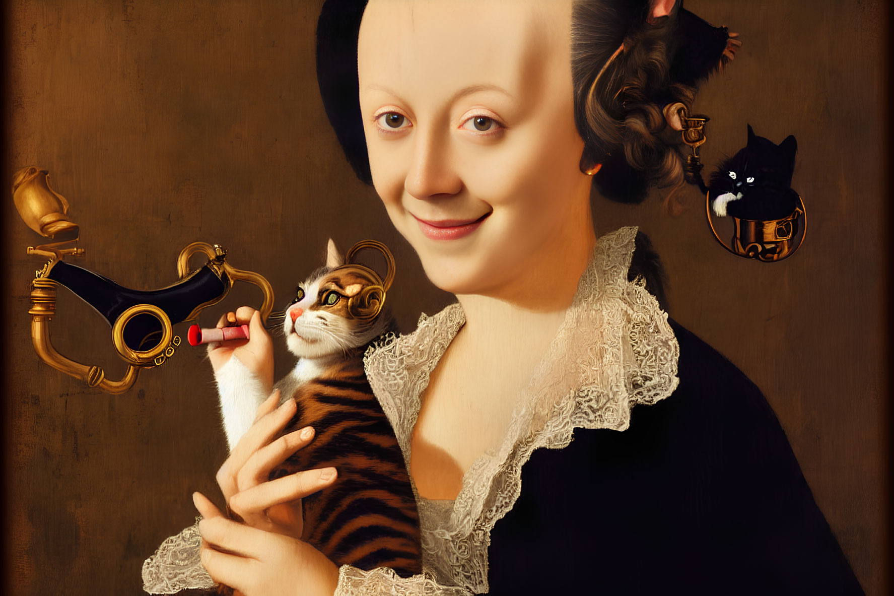 Surreal portrait of woman with cat, vintage clothing, floating teapot, and black cat on