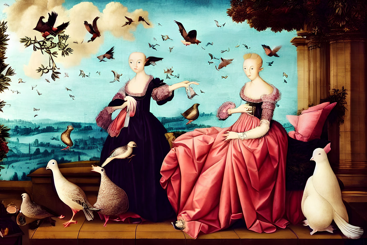 Two women in period dresses with flying birds in stylized room.