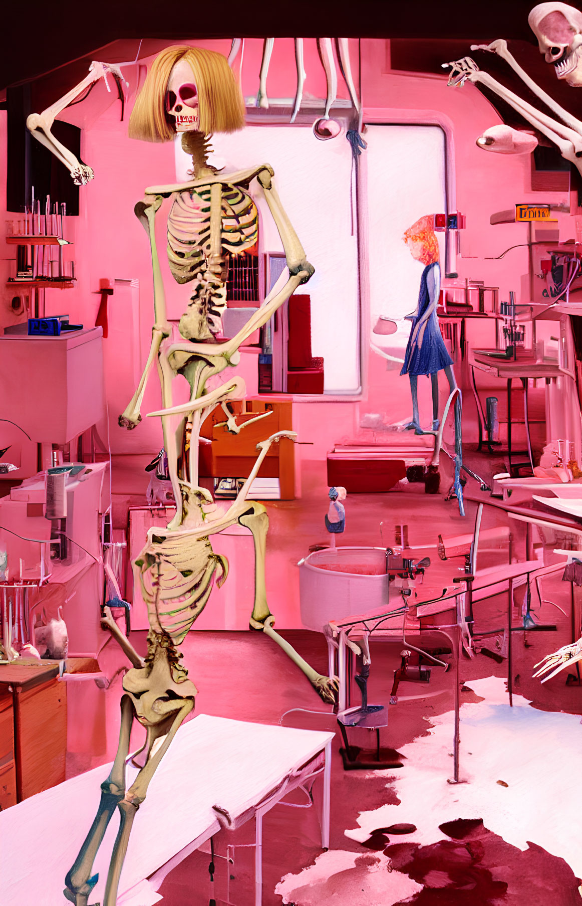 Surreal pink laboratory with dancing skeletons and scientific equipment