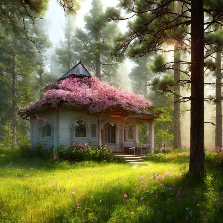 Blue Cottage with Pink Blooming Tree in Lush Forest Clearing