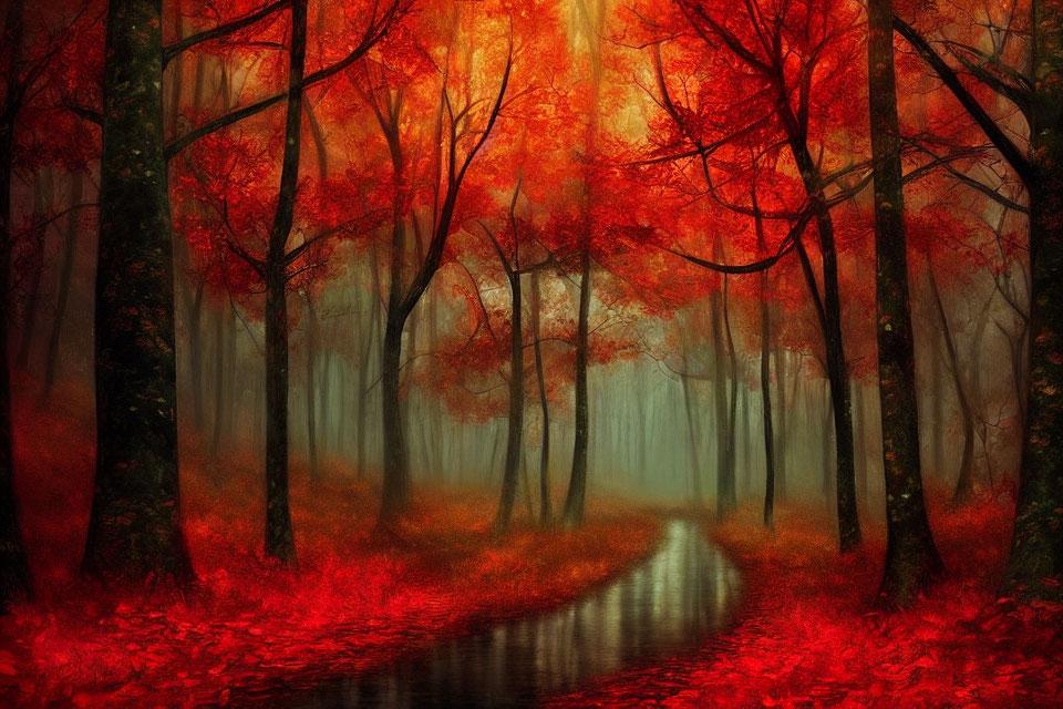 Autumnal forest with mist, winding path, red and orange trees, fallen leaves, soft glow